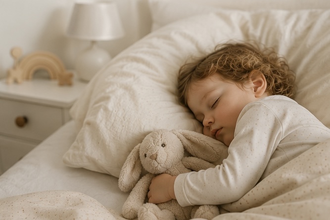 A sleeping toddler cuddling a soft bunny in bed
